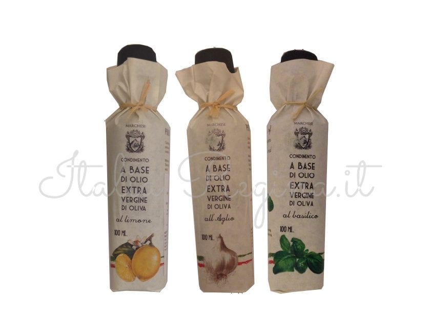 Tris flavoured extra virgin olive oil: lemon, garlic, basil – 3 bottles x 100 ml